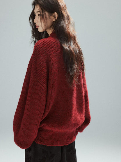 Low pixel Warm Oversized Street Raw Hem Women V-neck Red Pullover Sweaters