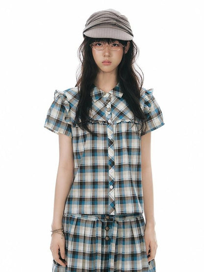 NAPSNAPS Blue Plaid Ruffle Puff Sleeve Button Tie Women&