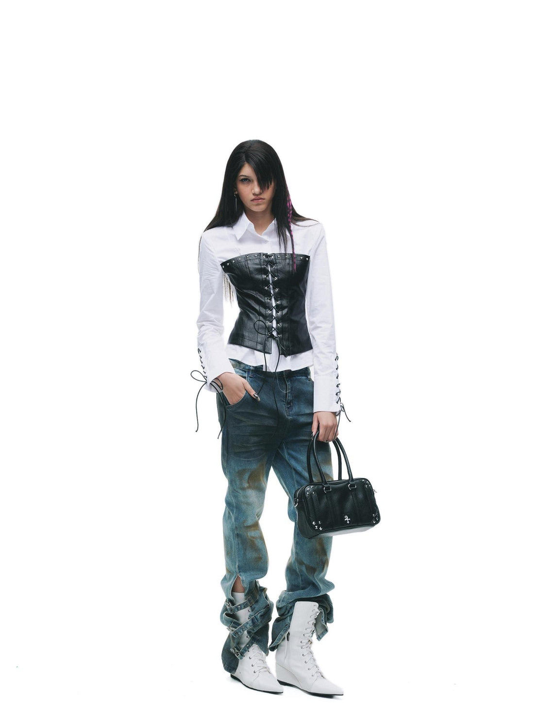 24ans Wrinkle Resistant Punk Slim Patchwork Women Long Sleeve Turn Collar Shirts