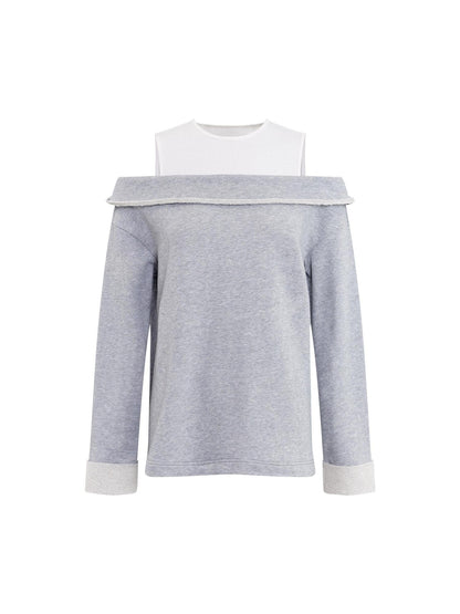 RUN TO THE FUTURE Gray White Patchwork Layered Loose Crewneck Commuter Women Pullover Sweatshirts