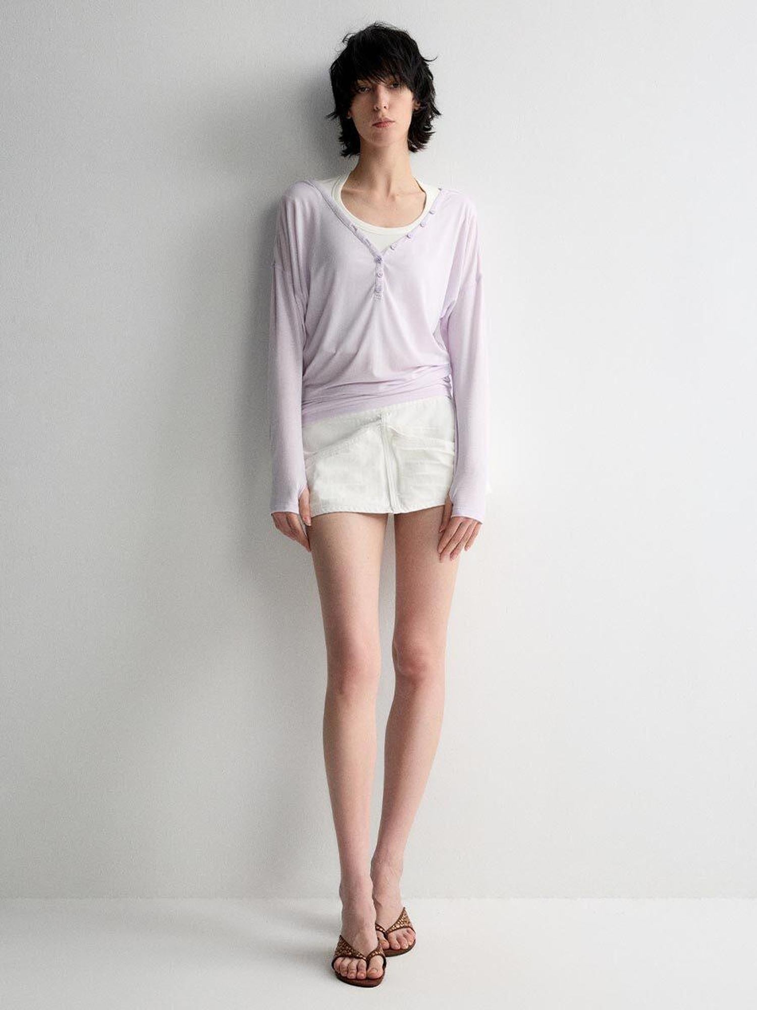 RUN TO THE FUTURE Breathable Lyocell Linen Vneck Slim Casual Women Lilac Long Sleeve T-Shirts