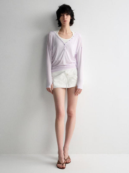 RUN TO THE FUTURE Breathable Lyocell Linen Vneck Slim Casual Women Lilac Long Sleeve T-Shirts