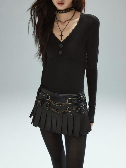 Low pixel Soft Lyocell Stretch Slim Urban Panel V-neck Black Long Sleeve Crop Tops