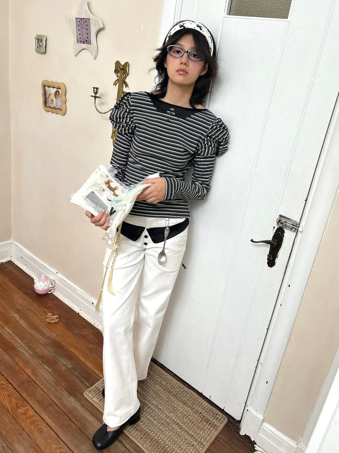 nit alcove Light Stretch Casual Dual Waist Natural Waist Unisex Black White Straight Pants