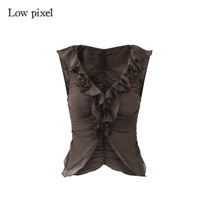 Low pixel Soft Viscose Cupro Pleated Slim Fit Casual Cropped Brown Women Tank Tops