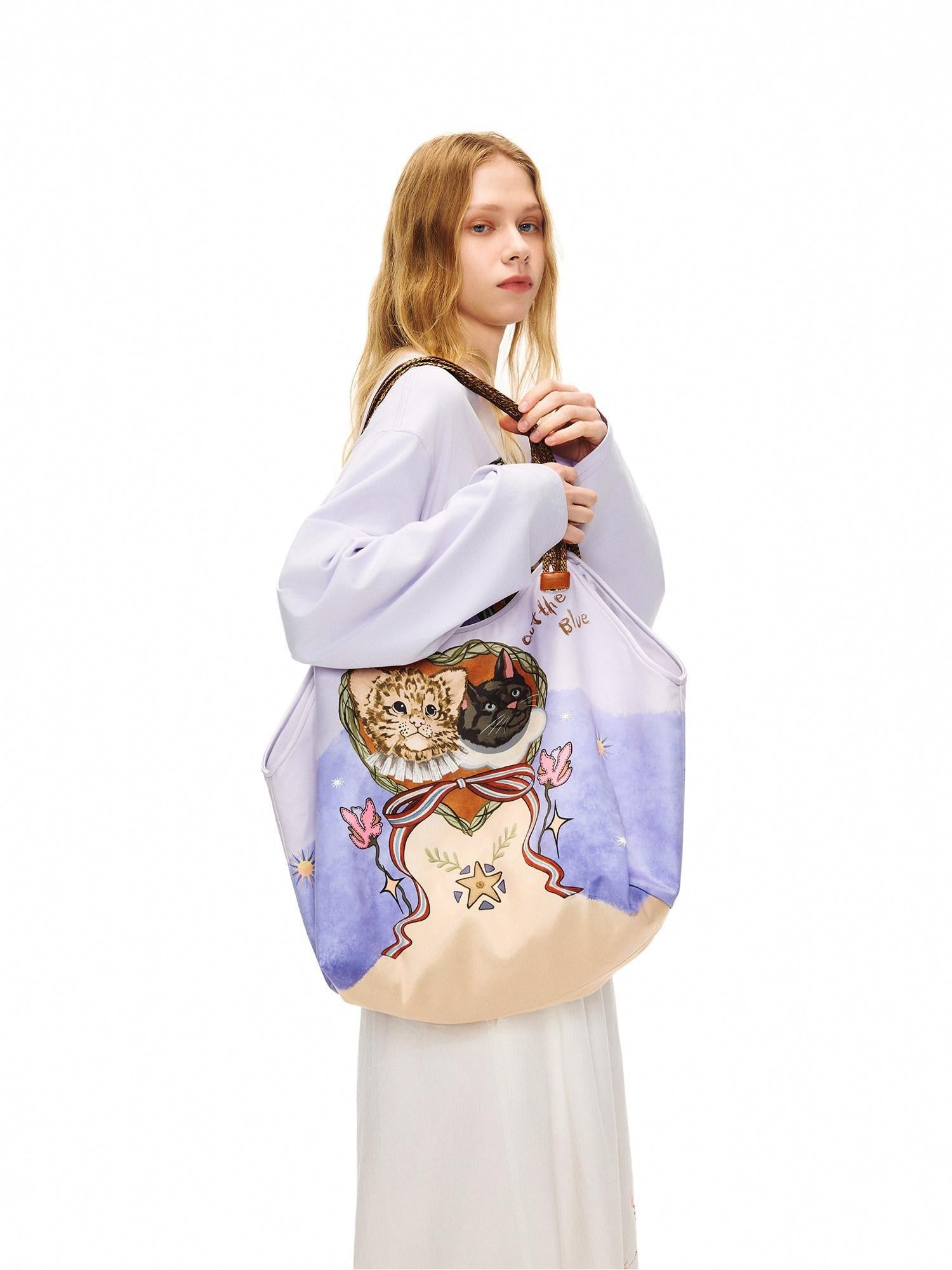 OuttheBlue Cute Cat Print Light Purple Roomy Square Double Strap Shoulder Women Tote Bags