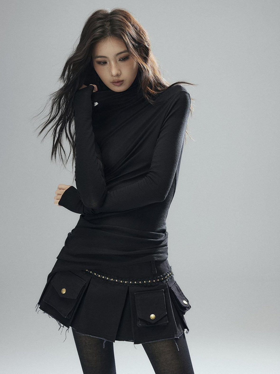 Low pixel 100% Cotton Low Waist Pleated A Line Sexy Women Daily Black Mini Skirts