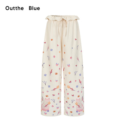 OuttheBlue Cute Cat Floral Print Sweet Natural Waist Long Polyester Women Straight Pants