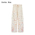 OuttheBlue Cute Cat Floral Print Sweet Natural Waist Long Polyester Women Straight Pants