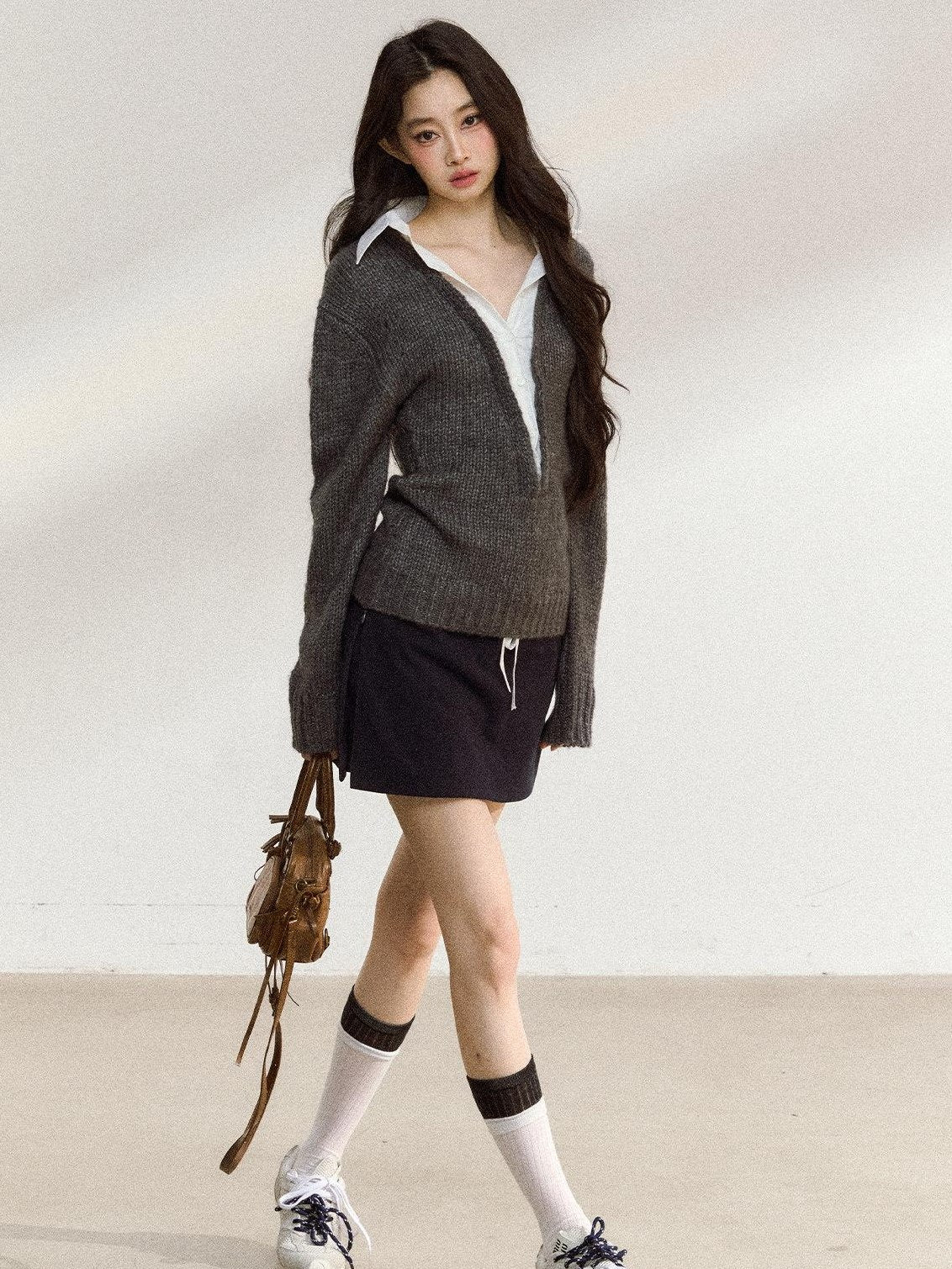 7Shiftin Cozy Acrylic Wool Blend Mock Layered American Pullover Women Deep Gray Sweaters