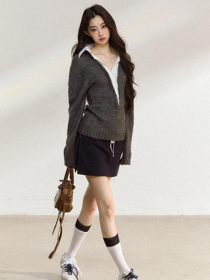 7Shiftin Cozy Acrylic Wool Blend Mock Layered American Pullover Women Deep Gray Sweaters