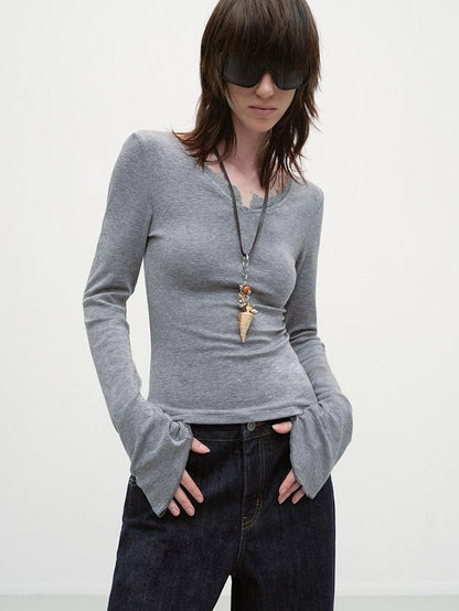 RUN TO THE FUTURE Lyocell Wool Moisture Wicking Slim V-neck Lace Trim Women Long Sleeve T-Shirts