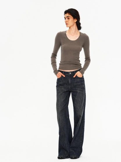 Northbutsouth Four Color U Neck Slim Fit Lightweight Long Sleeve Women&