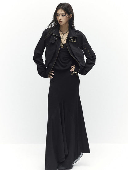 Low pixel Plush Lined Waist Cinch Dark Goth Slim Fit Women Zip High Collar Cropped Jackets