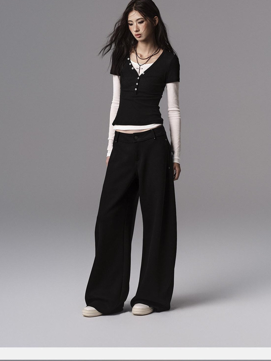 Low pixel Low Waist Dark Minimal Curved Button Fly Black Women Rayon Wide Leg Pants