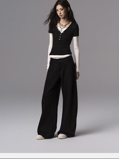 Low pixel Low Waist Dark Minimal Curved Button Fly Black Women Rayon Wide Leg Pants