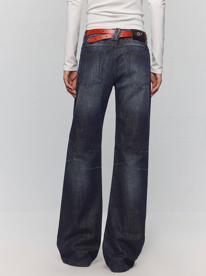 RUN TO THE FUTURE Washed Low Rise Loose Fit Casual Womens Black Stretch Denim Straight Jeans