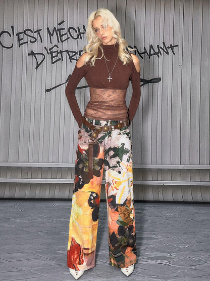 The NeverMore Sexy Mid Low Waist Hot Girl Floral Printed 100 Percent Cotton Wide Leg Pants