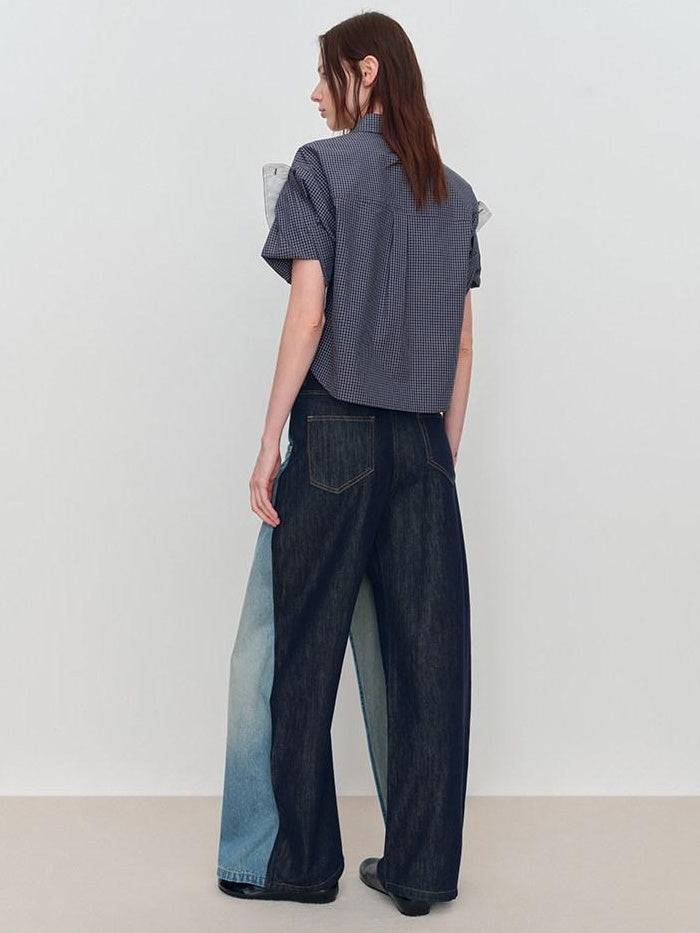 RUN TO THE FUTURE Durable Washed Denim Casual Loose Natural Waist Zipper Fly Blue Wide-Leg Jeans
