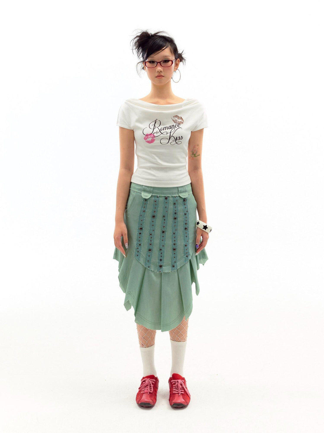 nit alcove Beaded Distressed Chinese Mid Waist Irregular Hem Dark Green Zipper Midi Skirts