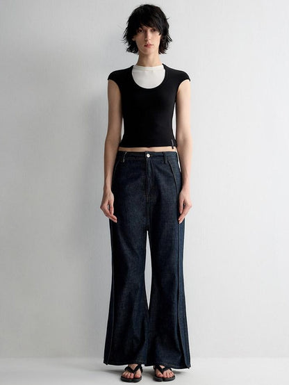 RUN TO THE FUTURE Durable Washed Casual Low Rise Wide Leg Dark Denim Flare Jeans
