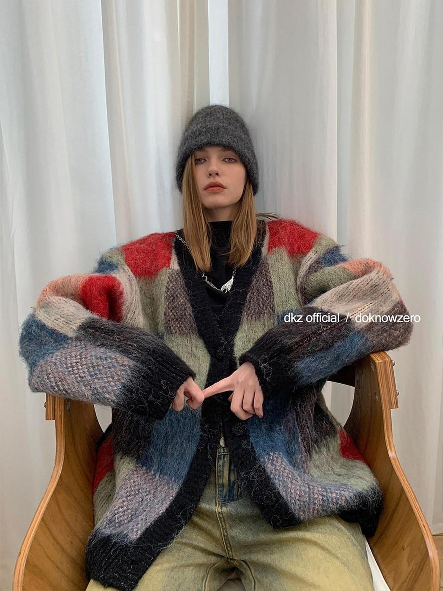 DKZ OFFICIAL Retro Colorful Plaid Knit Buttoned Loose Women&