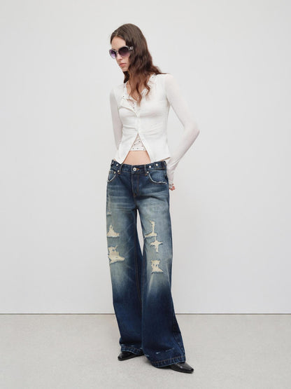 RUN TO THE FUTURE Vintage Distressed Low Rise Ripped Loose Fit Women Cotton Zipper Wide-Leg Jeans