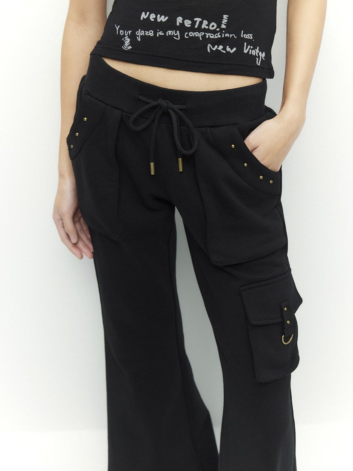 Low pixel Studded Slim Fit Zip Front Stand Collar Thick Cotton Black Top &amp; Pants Sets