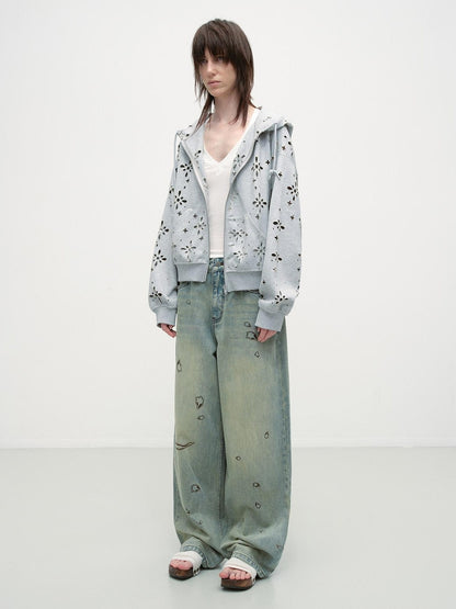 RUN TO THE FUTURE Durable Washed Low Rise Asymmetrical Vintage Unisex Printed Denim Wide-Leg Jeans