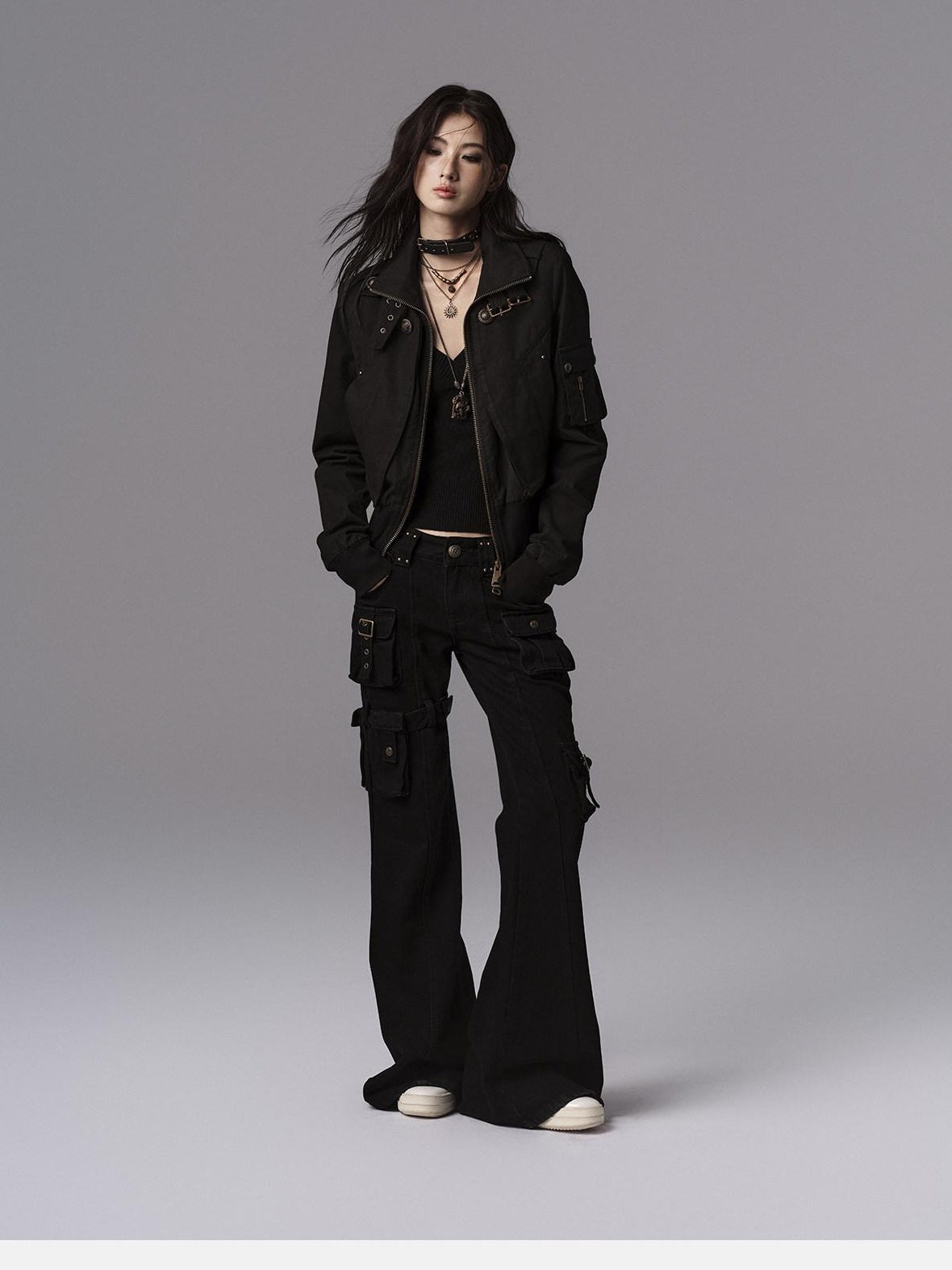Low pixel Waist Cinched Gothic Slim V-neck Black Women Pullover Cropped Jackets