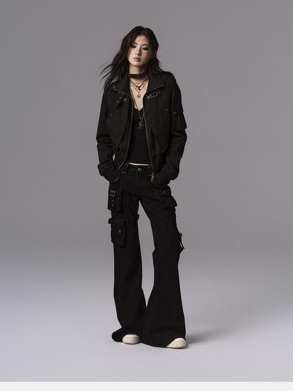 Low pixel Waist Cinched Gothic Slim V-neck Black Women Pullover Cropped Jackets
