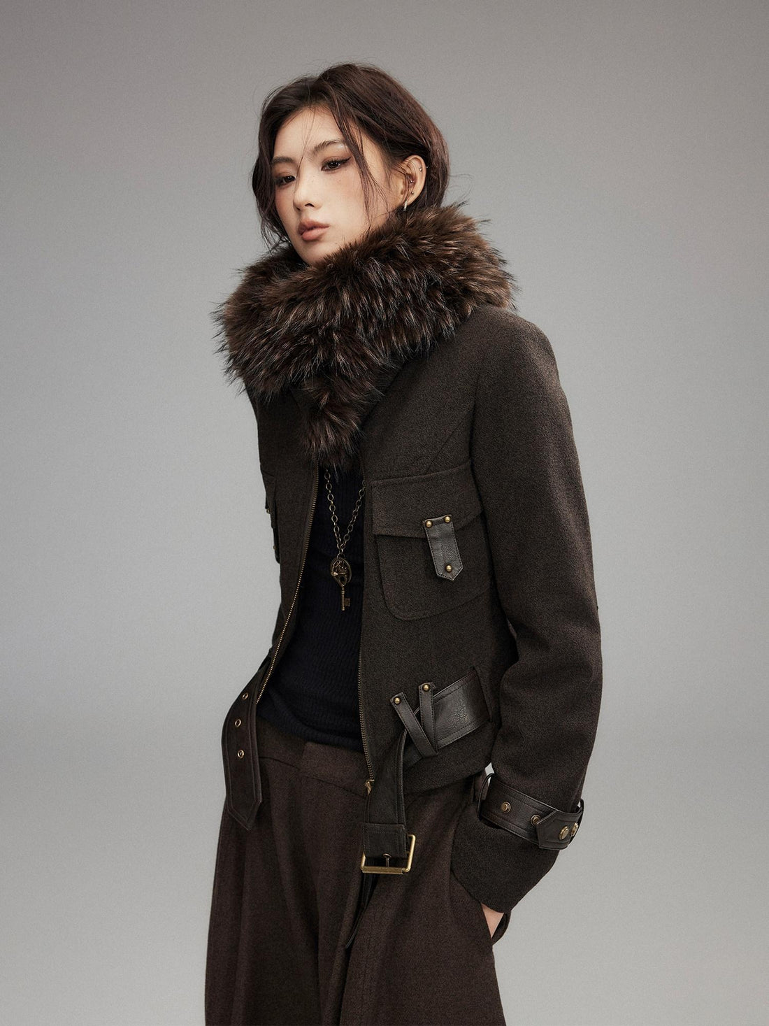 Low pixel Thick Wool Blend Slim Fit Sexy Lapel Zipper Brown Everyday Women Cropped Jackets