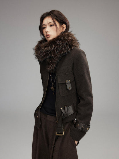 Low pixel Thick Wool Blend Slim Fit Sexy Lapel Zipper Brown Everyday Women Cropped Jackets