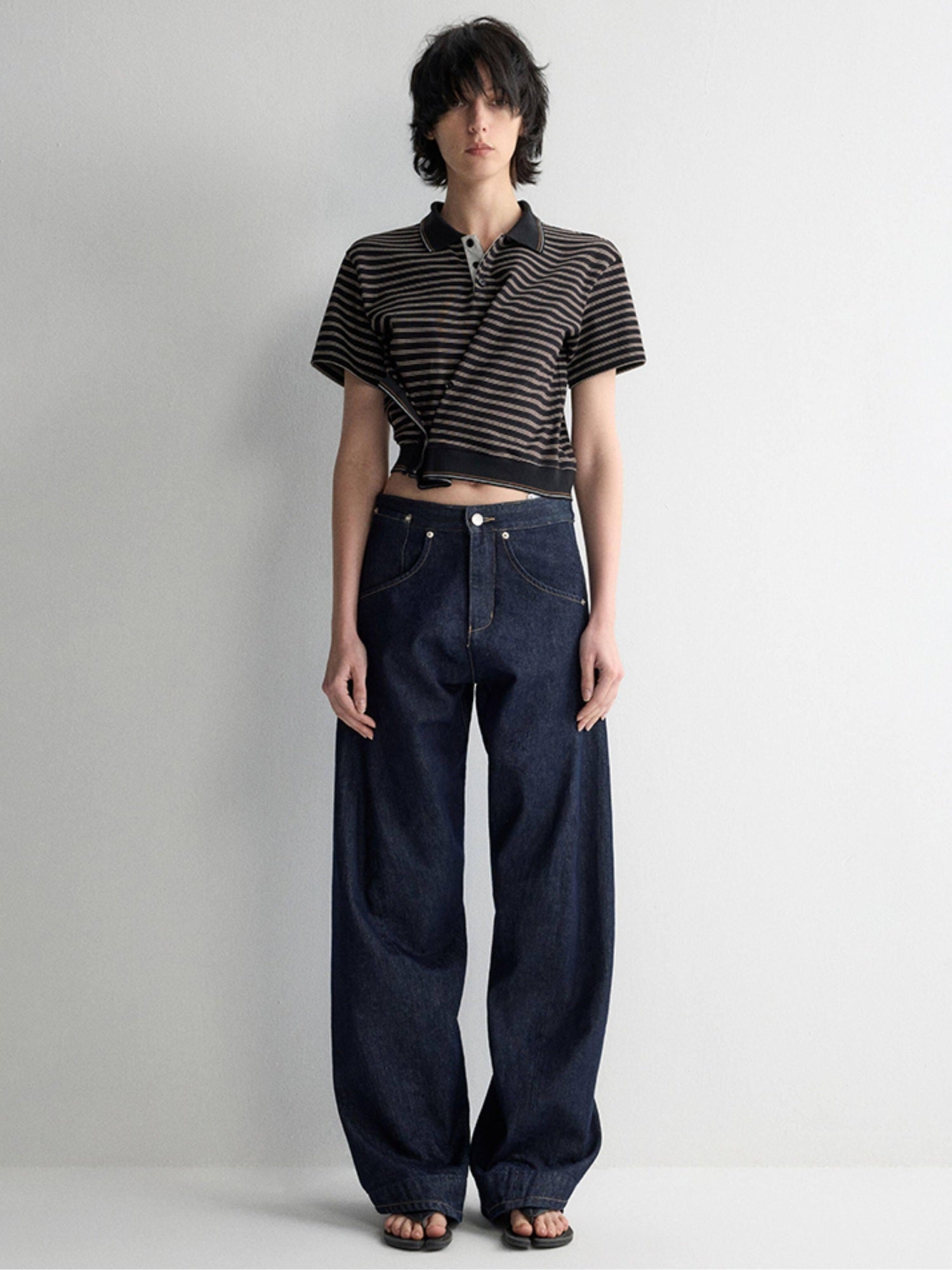 RUN TO THE FUTURE Breathable Cotton Slim Fit Asymmetric Henley Striped Low Waist Women Crop Tops