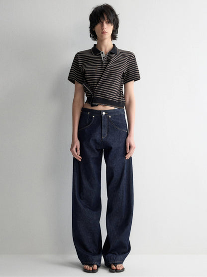RUN TO THE FUTURE Breathable Cotton Slim Fit Asymmetric Henley Striped Low Waist Women Crop Tops