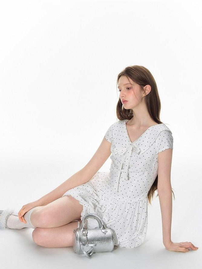 NAPSNAPS Polka Dot Sailor Collar Tie V-neck High Waist Tencel Women&