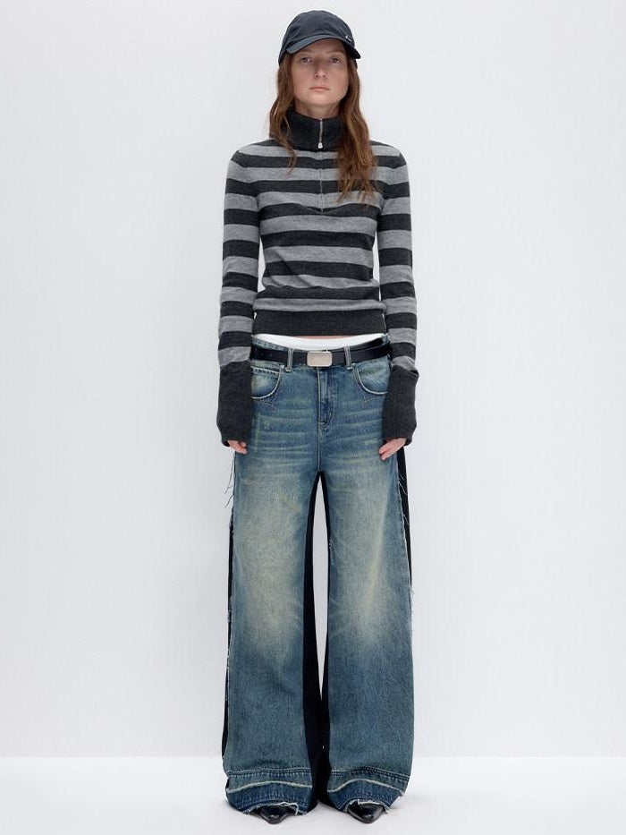 RUN TO THE FUTURE Washed Low Rise Wide Leg Loose Blue Black Denim Zipper Fly Straight Jeans