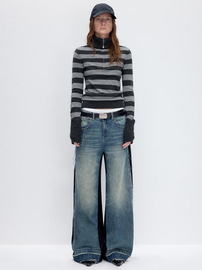 RUN TO THE FUTURE Washed Low Rise Wide Leg Loose Blue Black Denim Zipper Fly Straight Jeans
