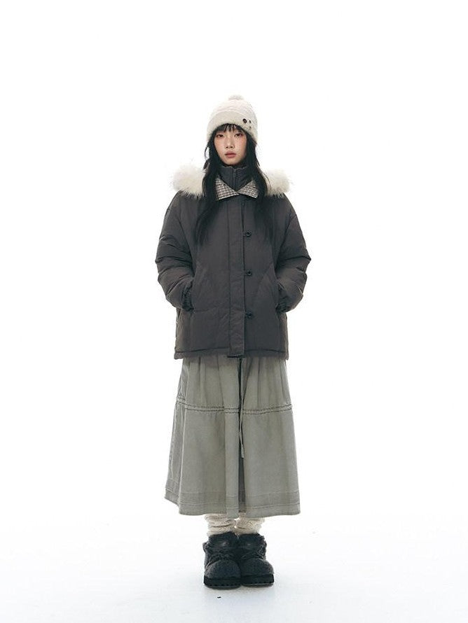 NAPSNAPS White Fur Hooded Double Collar Faux Two Piece Women&