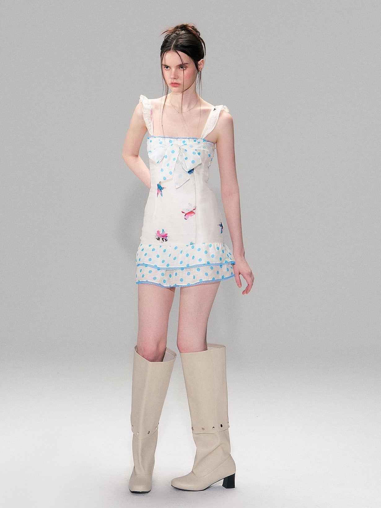The NeverMore Linen Tie Waist Square Neck Aline Slim Ladies Printed Mini Dresses