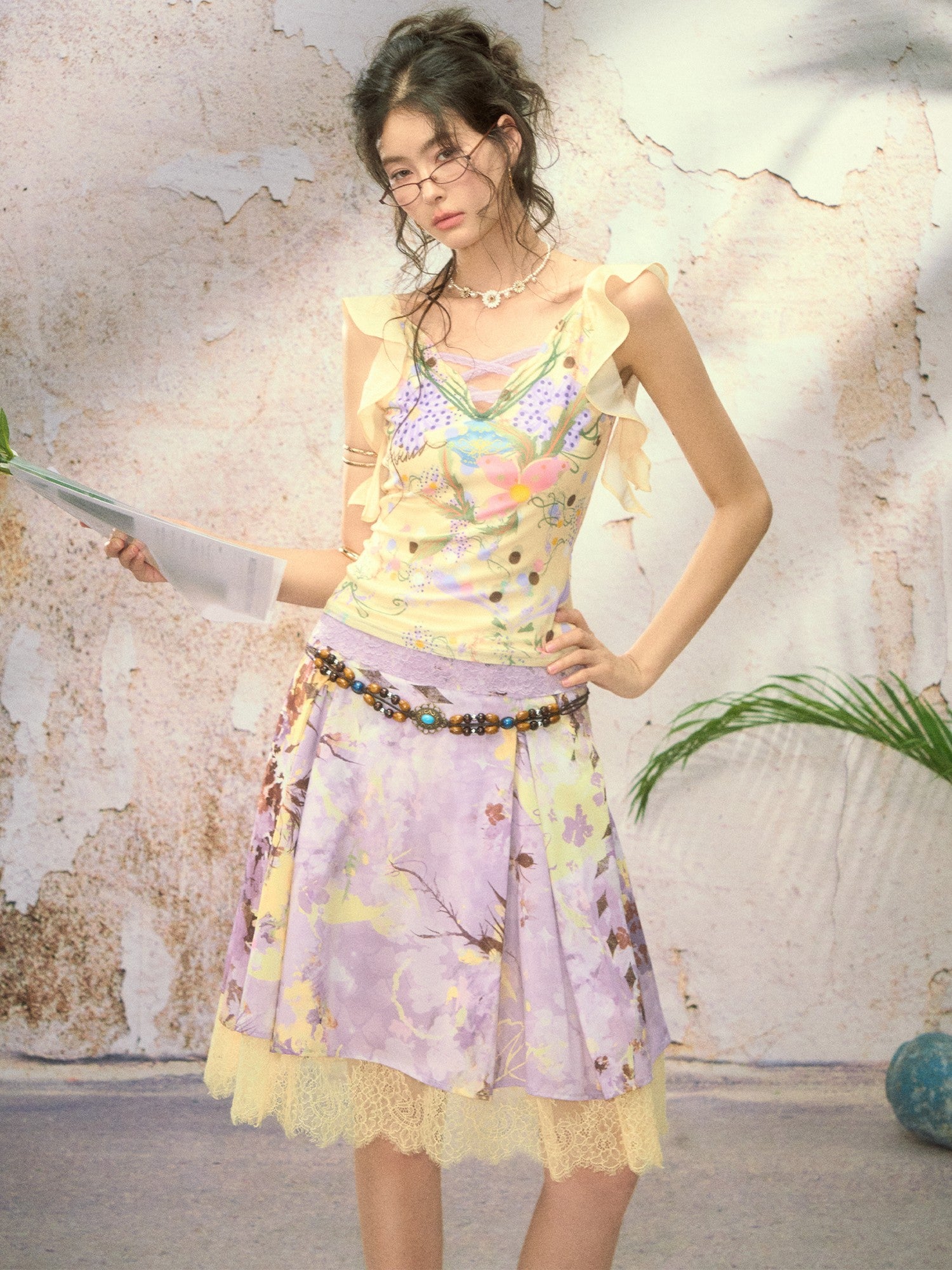 OfAkiva Handpainted Floral Ruffle Cross Tie Women&