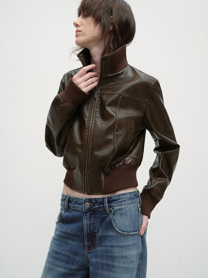 RUN TO THE FUTURE Brown Patchwork Stand Collar Zipper Short Straight Fit Commuter Youth Jackets