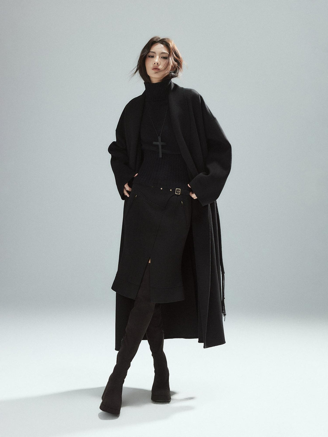 Low pixel Wool Blend Lined Patchwork Hline Slim Low Waist Black Side Zip Midi Skirts
