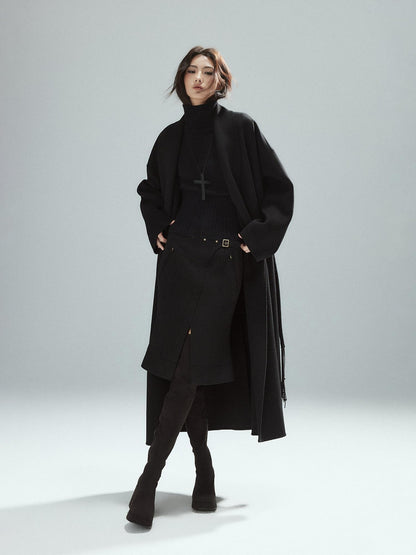 Low pixel Wool Blend Lined Patchwork Hline Slim Low Waist Black Side Zip Midi Skirts