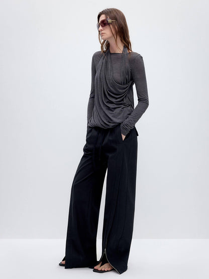 RUN TO THE FUTURE Tencel Wool Blend Pleated Commuter Slim Solid Milk White Long Sleeve T-Shirts