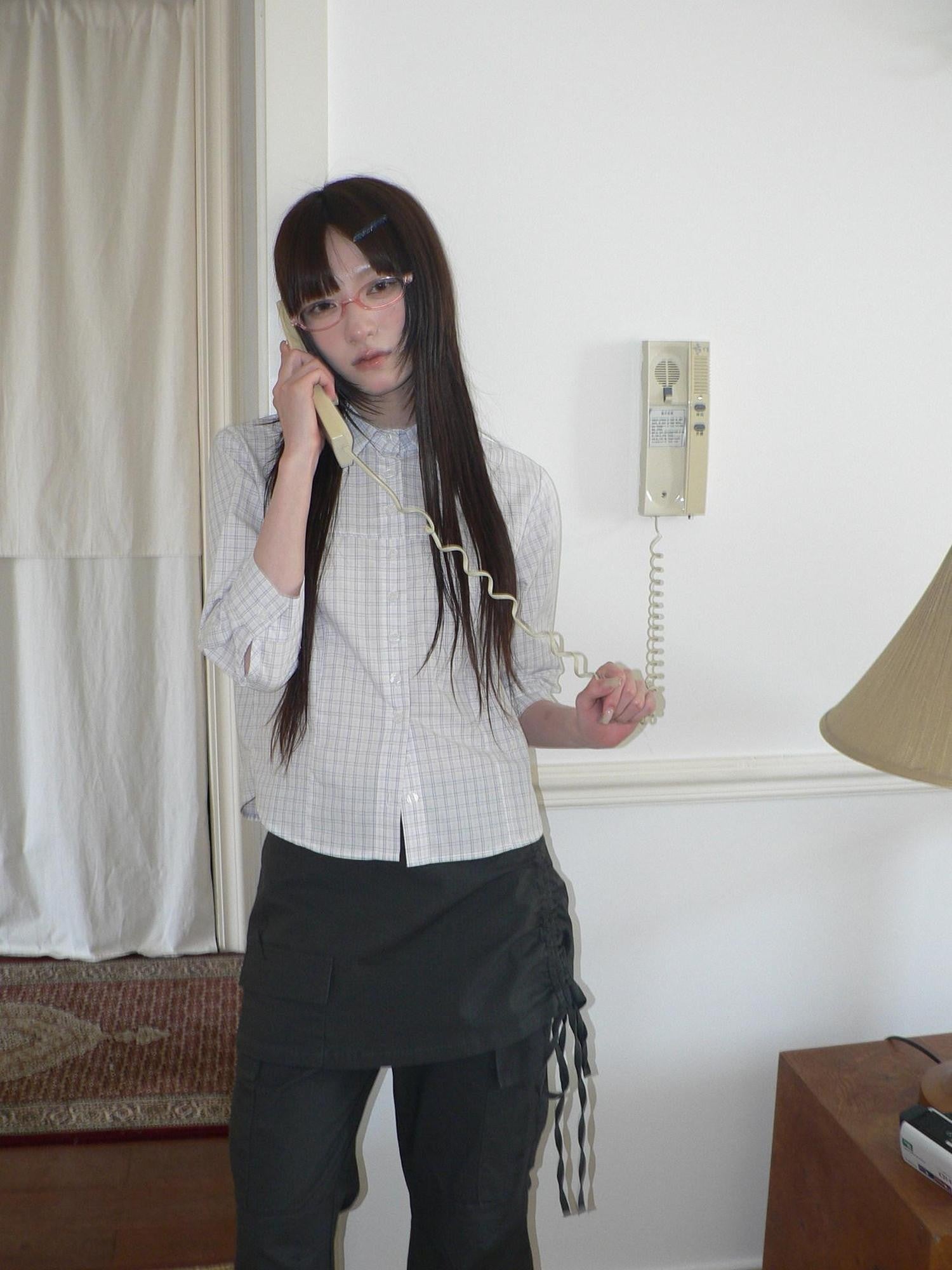 ang project White Check Print Collared Cropped Cinch Waist Women&