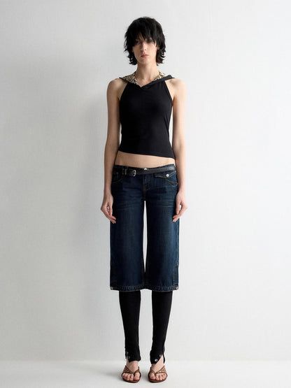 RUN TO THE FUTURE Durable Vintage Deep Blue Casual Low Rise Straight Fit Zipper Denim Shorts