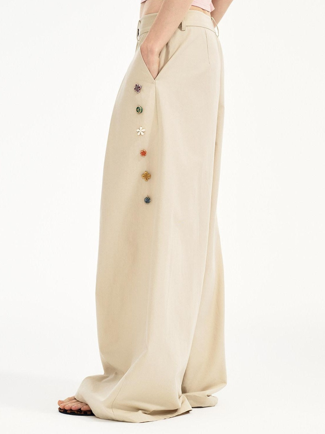 OuttheBlue Cotton Lyocell Minimal Natural Waist Zipper Light Grey Khaki Wide Leg Pants