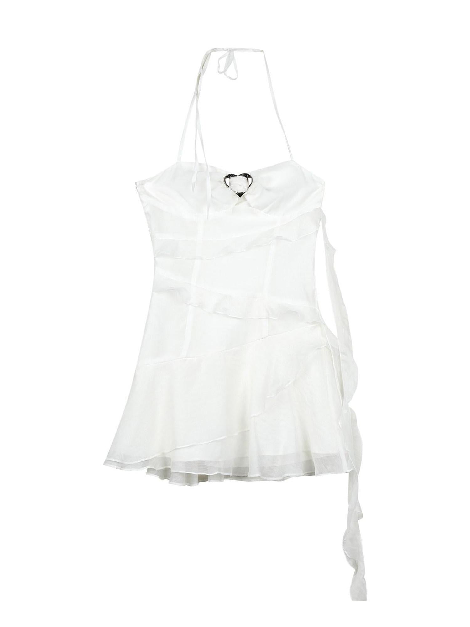 7Shiftin High Waist Chiffon A Line Spaghetti Strap Office White Mini Dresses