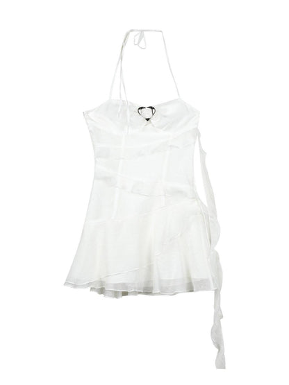 7Shiftin High Waist Chiffon A Line Spaghetti Strap Office White Mini Dresses